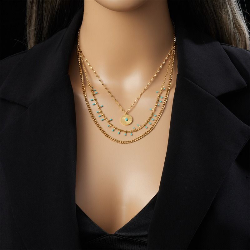 Bohemian-Style Three-Tier Turquoise Necklace with 18K Gold-Plated Titanium Collar Chain — image 6