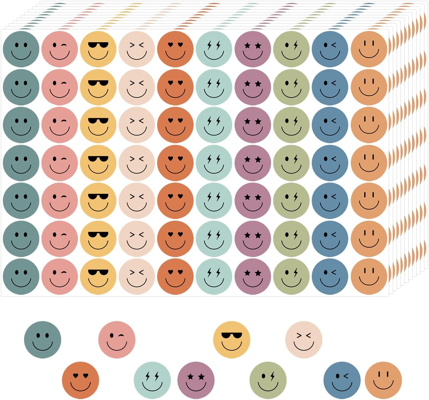 6000 Pieces Boho Happy Smile Face Stickers for School Reward Behavior Chart,3/8 Inch in Diameter Round Bohemian Style Reward Labels 10 Styles Happy Face