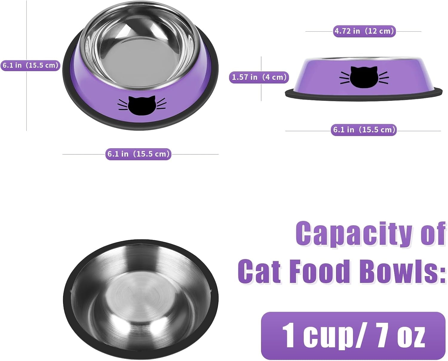 Cat Bowls Non-Slip Stainless Steel Small Cat Food Bowls Unbreakable Thicken Cat Feeder 7 Oz Cat Dishes Suitable for Indoor Small Pets Removable Rubber Base โ image 2