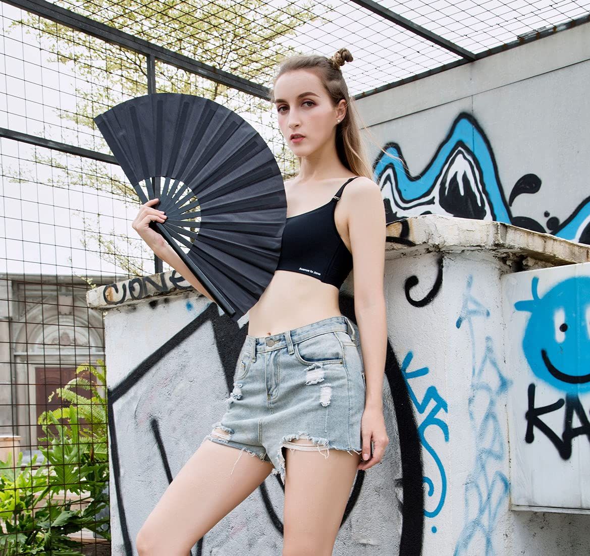 Folding Fan Black Large Hand Fan Chinese Kung Fu Tai Chi Handheld ABS Plastic Nylon Men's Folding Fan โ image 4