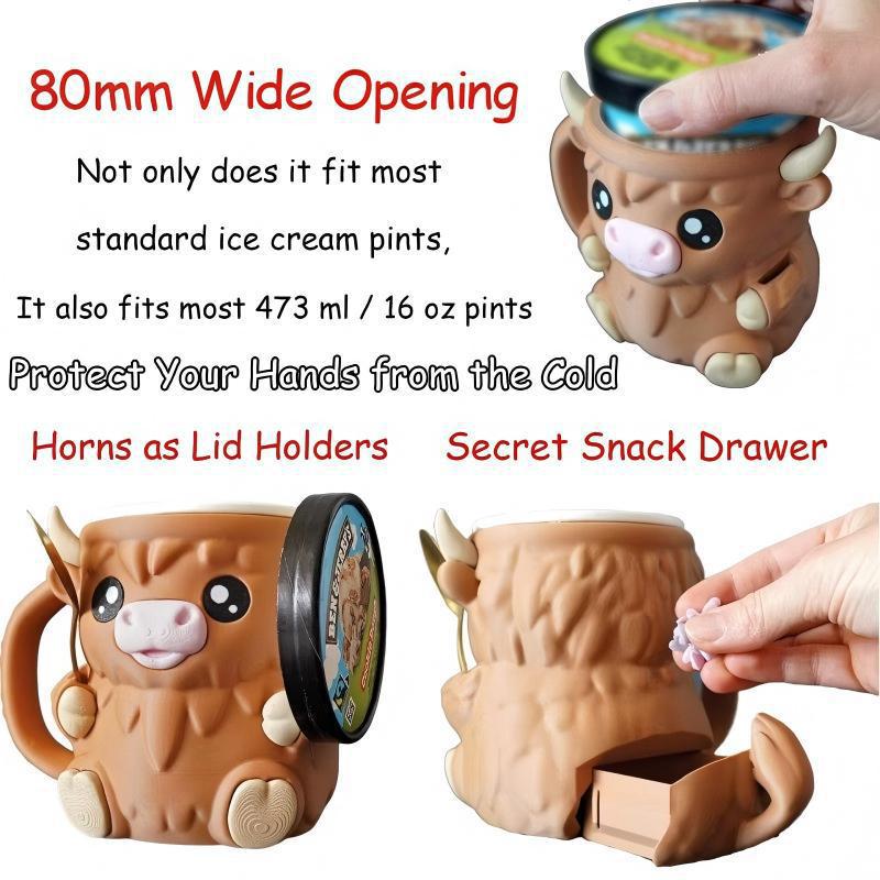 Modern Highland Cow Ice Pint Holder – Fun Animal Mug with Secret Snack Drawer, Lid Holders, and Wide Opening(Black) — image 5