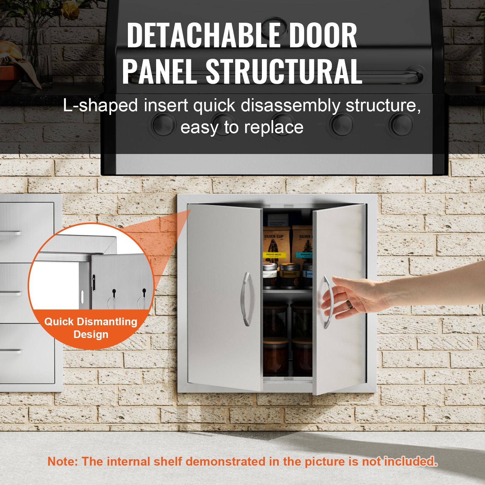 BBQ Access Door, 610 × 610 mm Double Outdoor Kitchen Door, Stainless Steel Flush Mount Door, Double Wall Vertical Door with Handles and Hooks, for BBQ Island — image 4