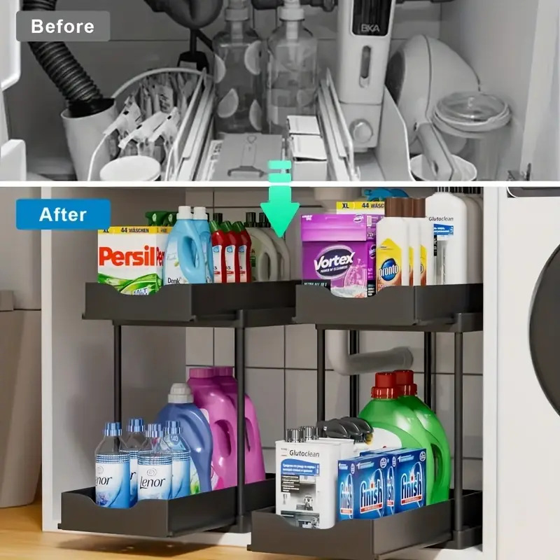 BLACK Two-tier pull-out storage rack. An organizational lifesaver for under the kitchen sink. Features adjustable shelves for easy storage of bottles and jars — image 4