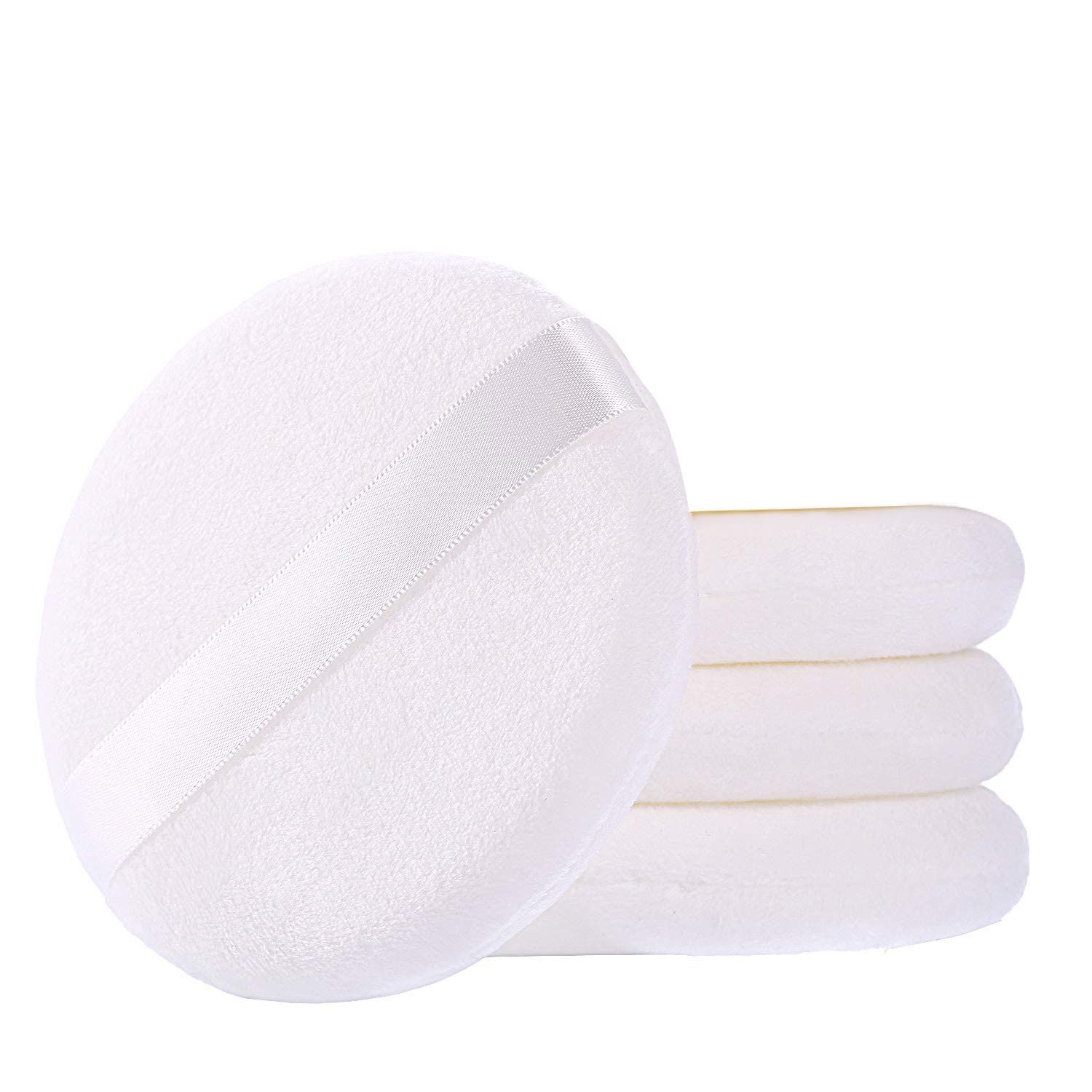4pcs Large Powder Puffs Round Powder Puffs Washable for Loose Body Powder Face Baby Powder Makeup with Ribbon, White — image 5