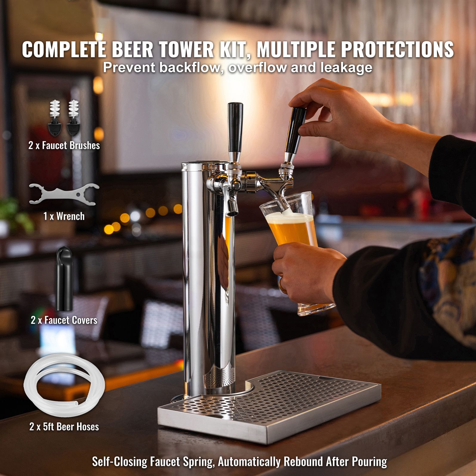 Dual Taps Draft Beer Tower Dispenser, Stainless Steel Keg Beer Tower, Kegerator Tower Kit with Pre-Assembled Tubing and Self-Closing Faucet Shanks for Party — image 2