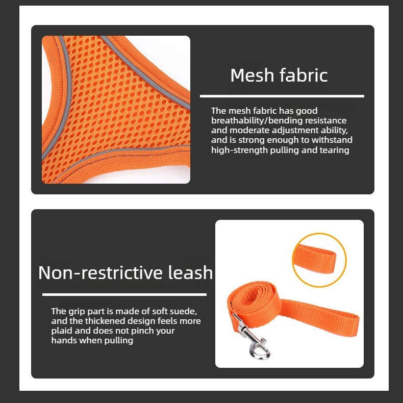Breathable Reflective Pet Harness Set: Vest-Style Dog Harness + Leash - Orange and Blue-M β image 5