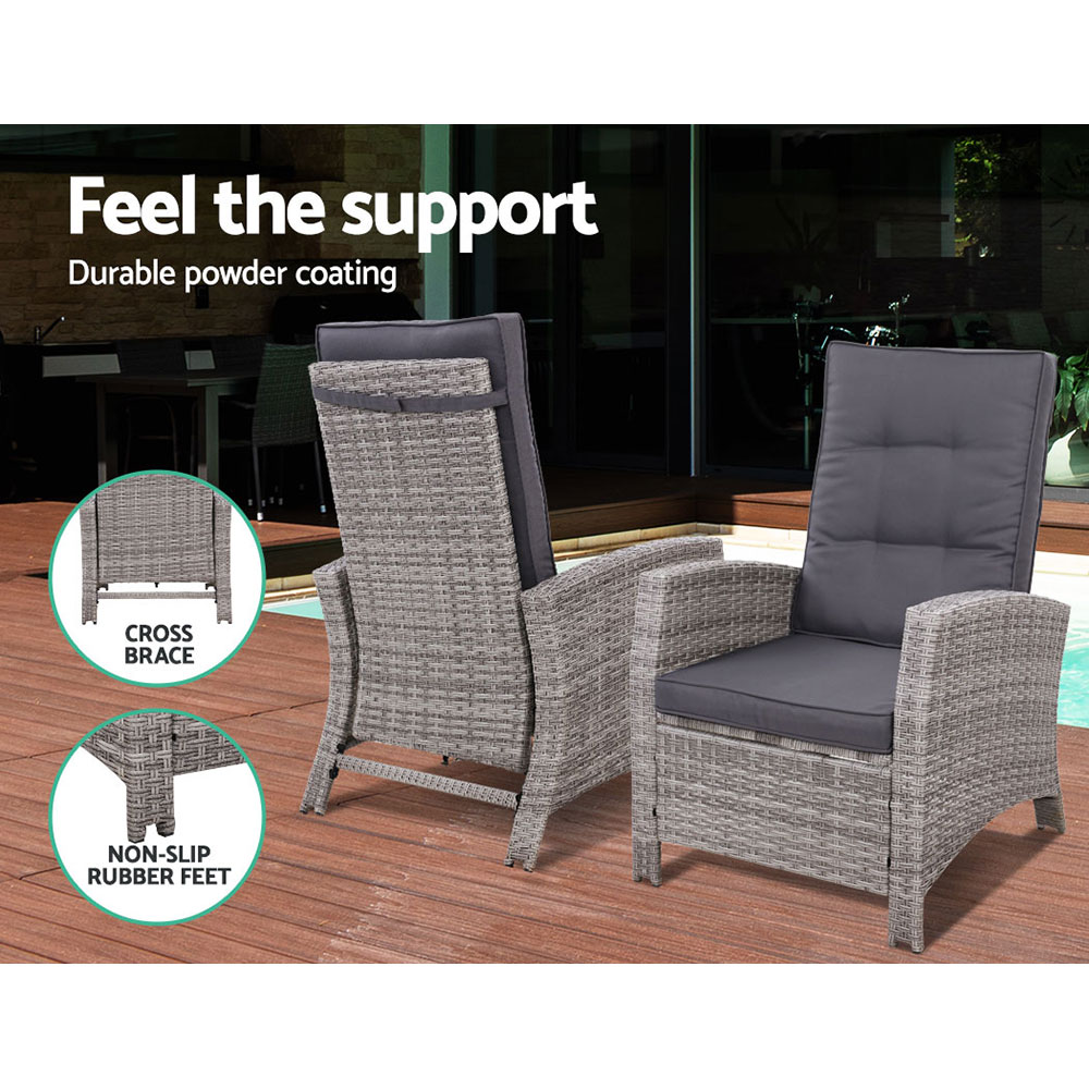 Gardeon 2PC Recliner Chairs Sun lounge Wicker Lounger Outdoor Furniture Adjustable Grey โ image 4