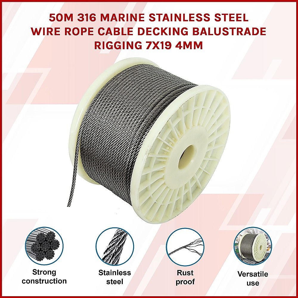50M 316 Marine Stainless Steel Wire Rope Cable Decking Balustrade Rigging 7x19 4mm โ image 3