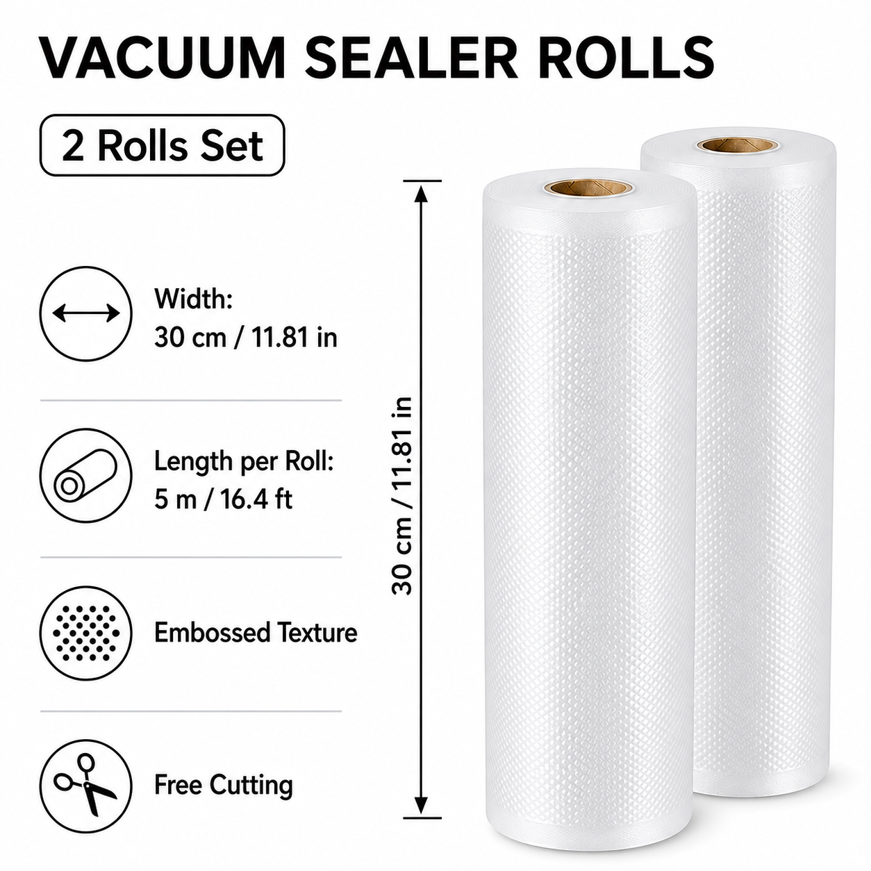 Vacuum Sealer Bag Roll 30cm x 5m Embossed Food Storage Bags 2 Rolls for Vacuum Packing and Kitchen Storage โ image 2