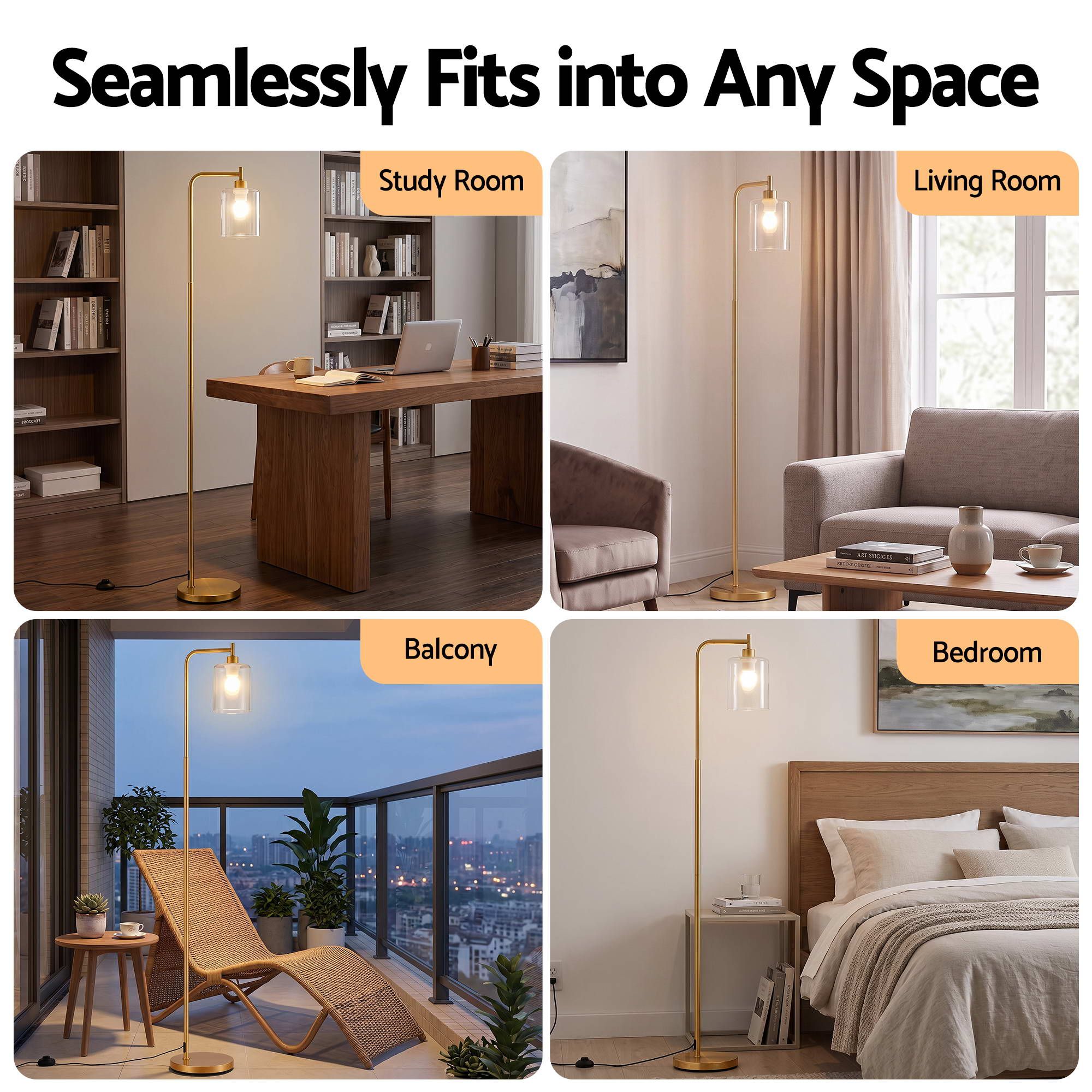 Artiss Floor Lamp Modern Industrial Standing Light with Clear Glass Shade, GoldMetal Tall Lamp for Living Room, Bedroom & Office, Anti-Tipping Weighted Base & โ image 2