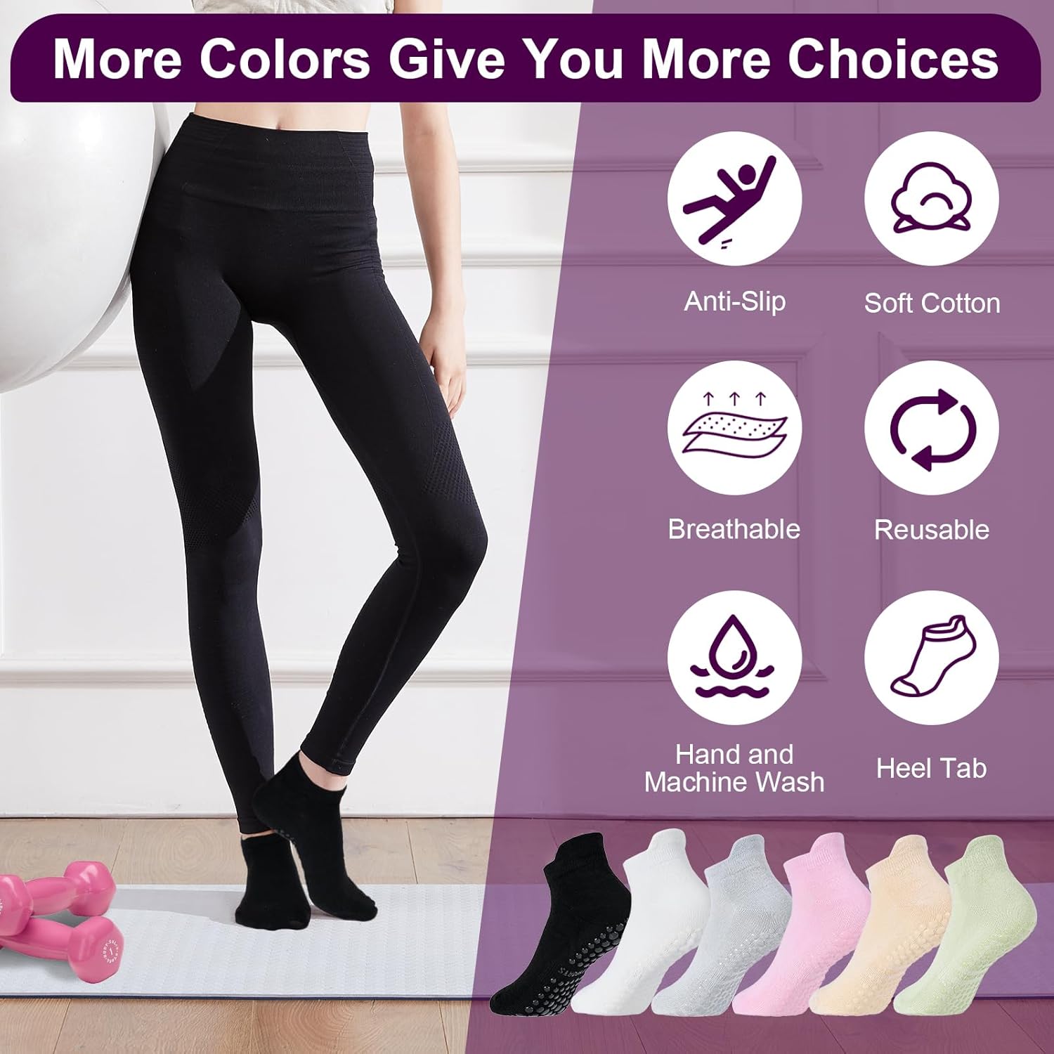 6 Pairs Breathable Women's Yoga Socks with Grippers Anti-Slip Sports Pilates Socks Suitable for Barre, Dance, Hospital, Home Use โ image 5