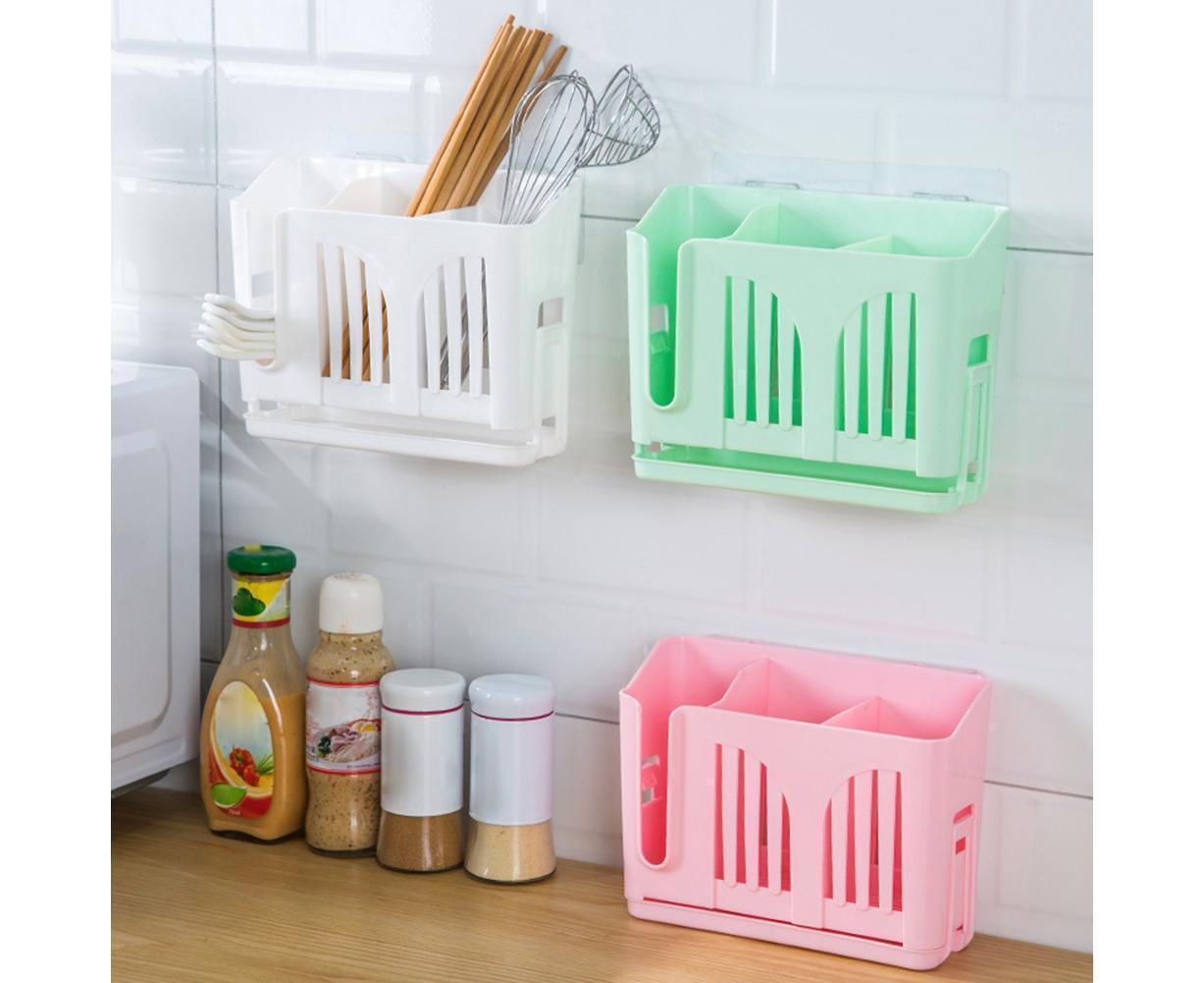 Home Chopsticks Cage Wall-mounted Drain Storage Rack Fork Knife Spoon Holder-Beige โ image 2