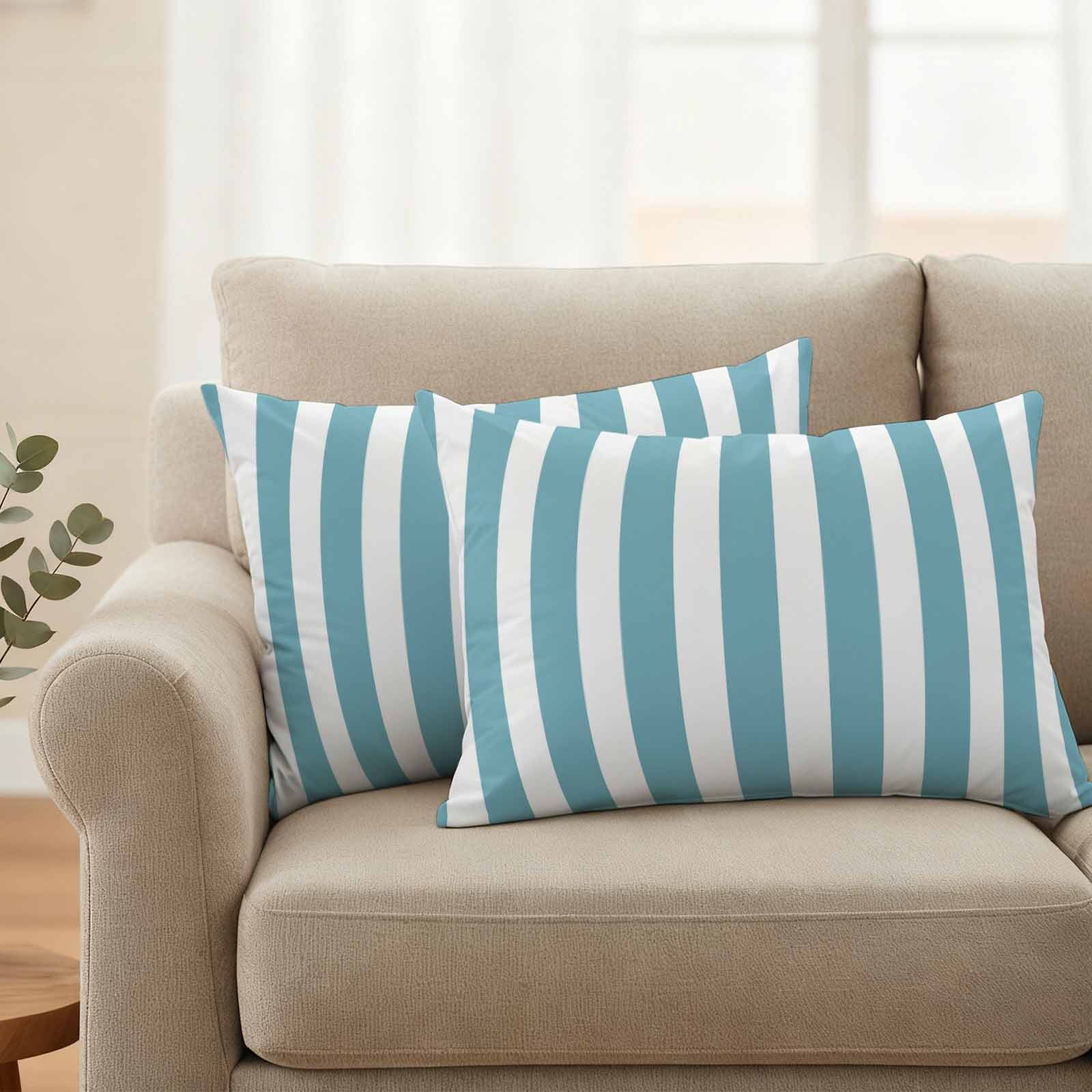 Aqua Striped Outdoor Pillow Covers, Waterproof Decorative Throw Pillowcases Set of 2 for Patio Sofa Furniture and Porch, Blue and White — image 2