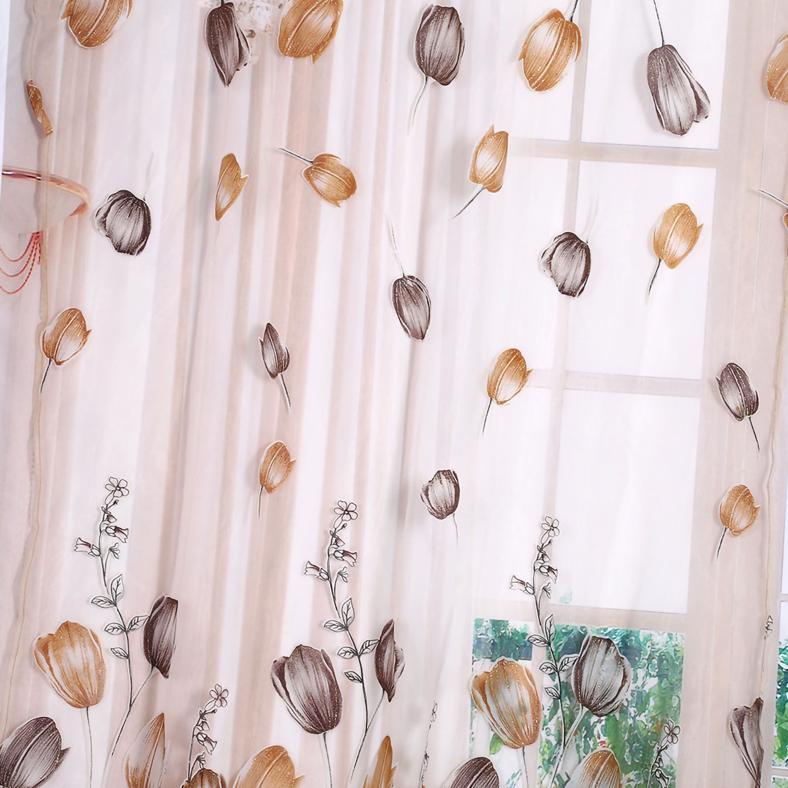 100*200cm Tulips Printing Tulle Curtains Sheer Drape Balcony Window Decoration Orange โ image 2