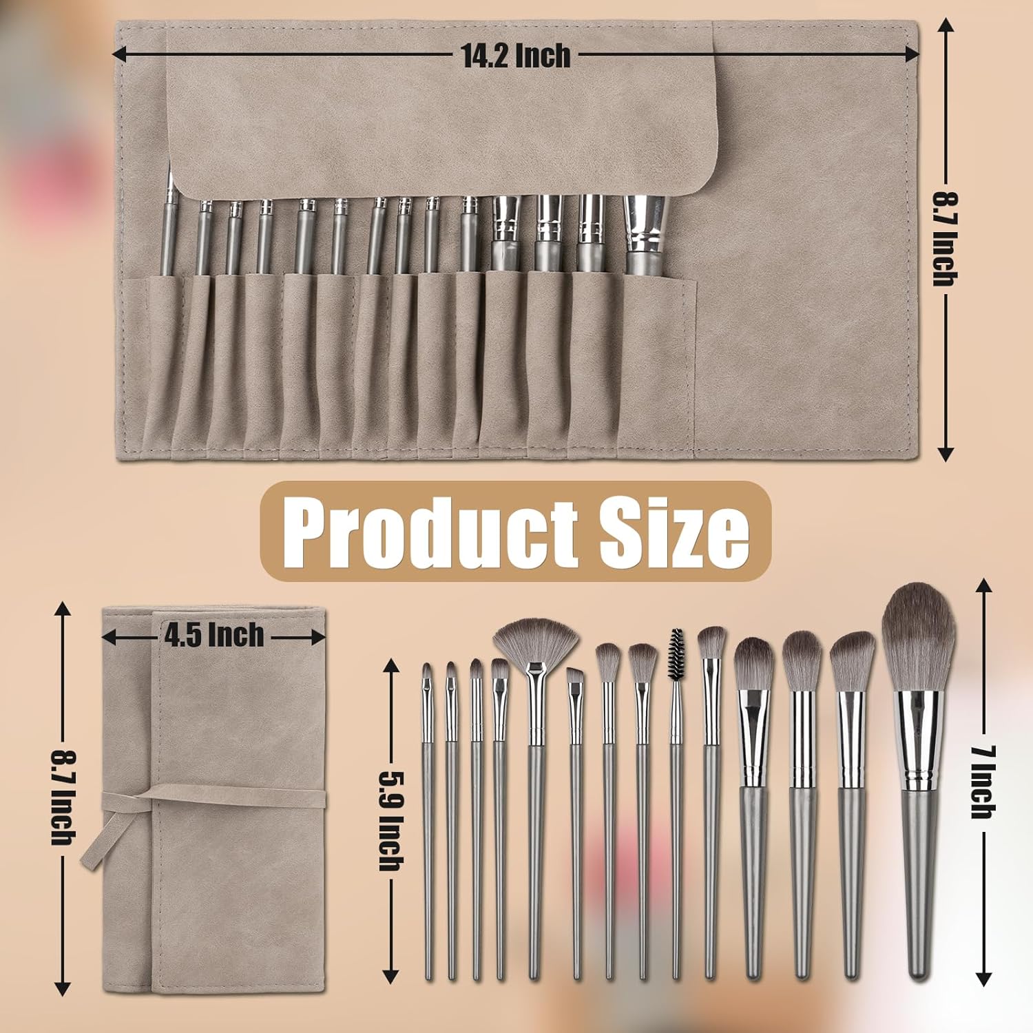Makeup Brushes, 14 Pcs Professional Makeup Brush Set, Eye and Face Foundation Brush Set, Eyeshadow Brushes, Cosmetic Brushes, with PU Bag, Grayish — image 2