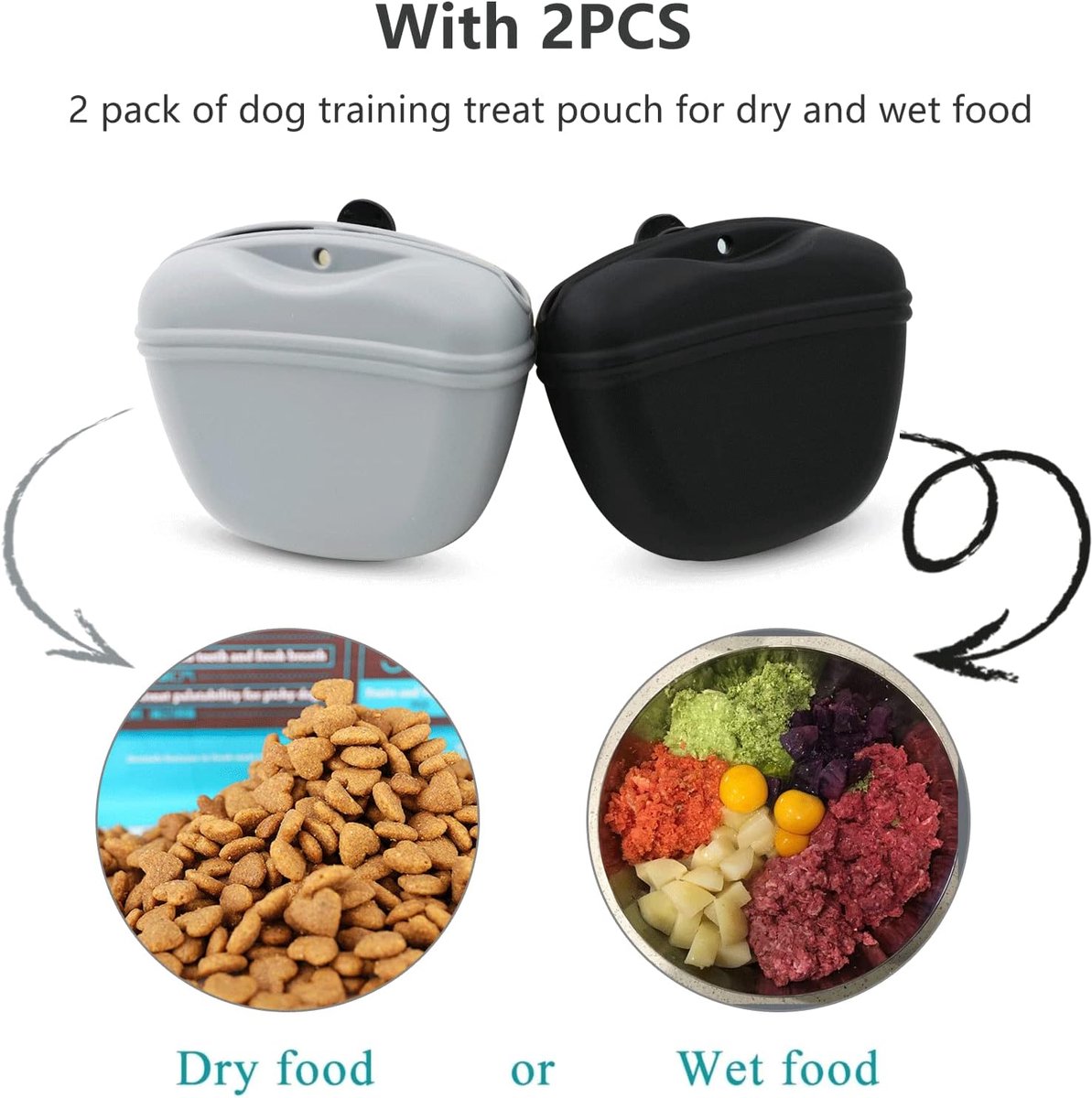 pieces - Reward Pouch for Dogs - Dog Training Treat Bag - Dog Treat Pouch - silicone dog treat pouch - BPA-free - with clip - dog training bag - grey and black — image 4