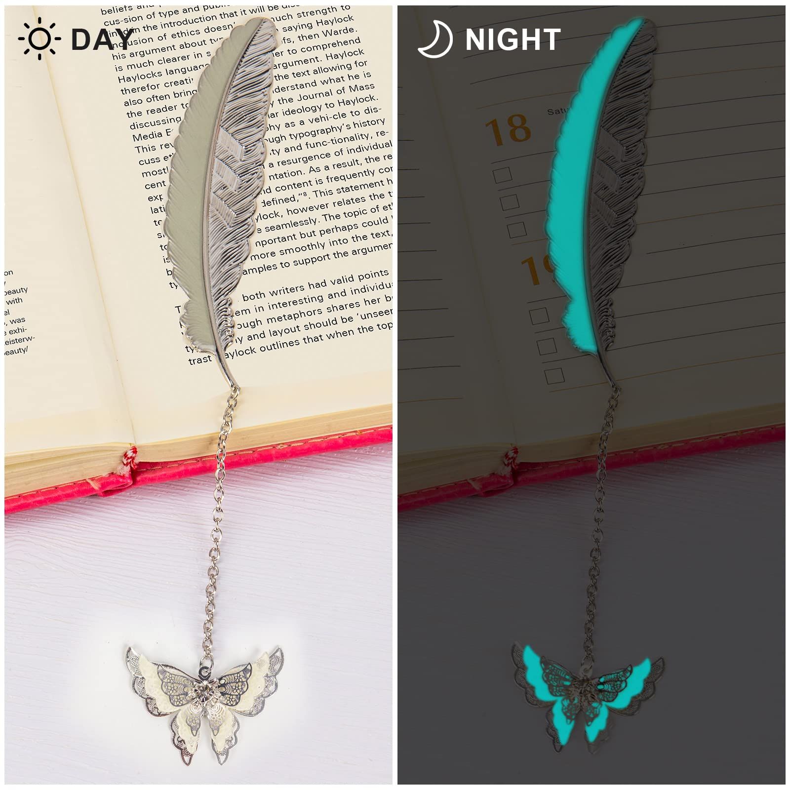 Feather Metal Bookmark with 3D Butterfly Pendant, Unique Glow in The Dark Butterfly Bookmark, (Silver Butterfly) — image 5