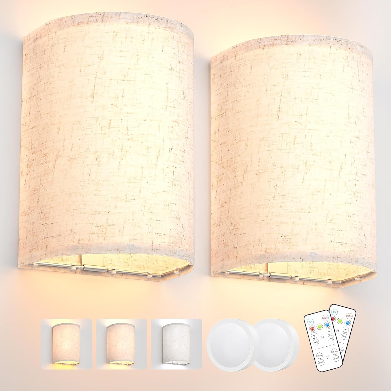 Battery Operated Wall Lights, 2 Pack Wall Light Decor with Remote Control, 3 Colors Dimmable Fabric Shade Wall Lamps, Wireless Sconce Wall Lights for