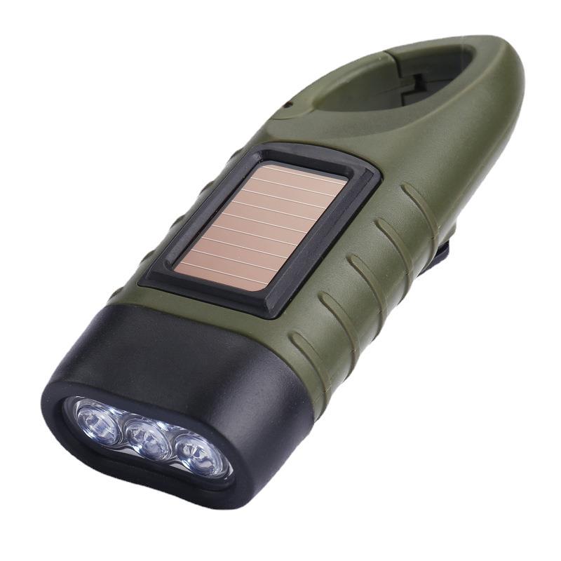 Solar and Dynamo Rechargeable Emergency Torch with Hand Crank, USB Charging and Clip for Camping, Power Outages and Survival Kits, Dark Green