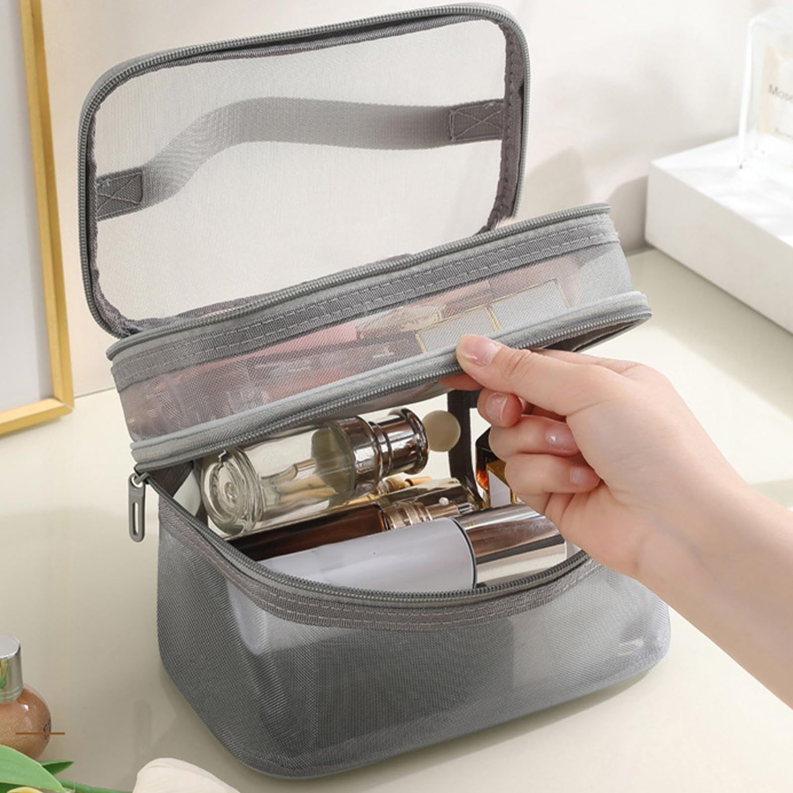 Double Layer Travel Makeup Bag Mesh Bag for Women,Travel Essentials Toiletry Bag Makeup Organizer Large Capacity Zipper Cosmetic — image 3