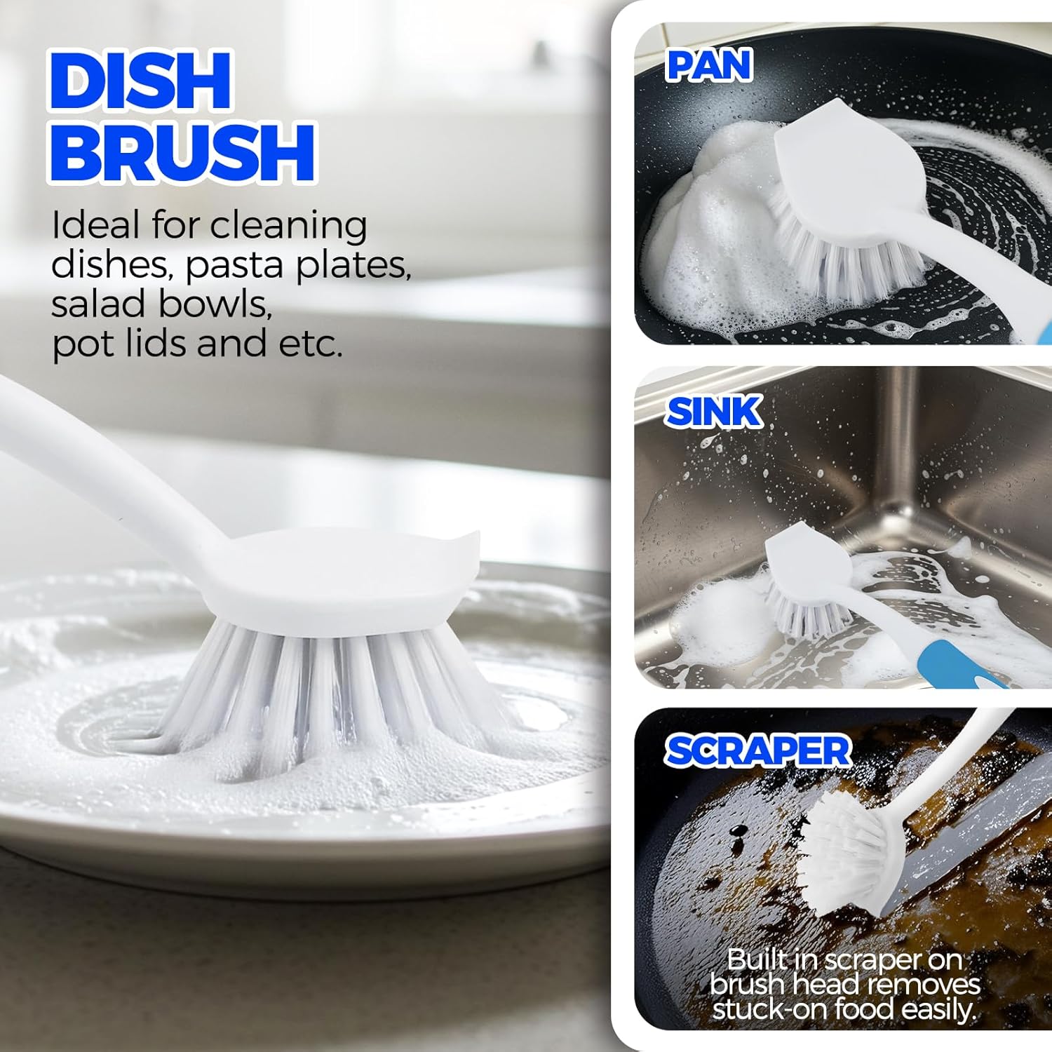 6 Pack Dish Brush Set with Bottle Brush, Scrub Pan and 3 Straw Brushes, Deep Cleaning Handle Scraper Tip for Kitchen Sink Dishes Cup Pot Pans (Blue) โ image 2