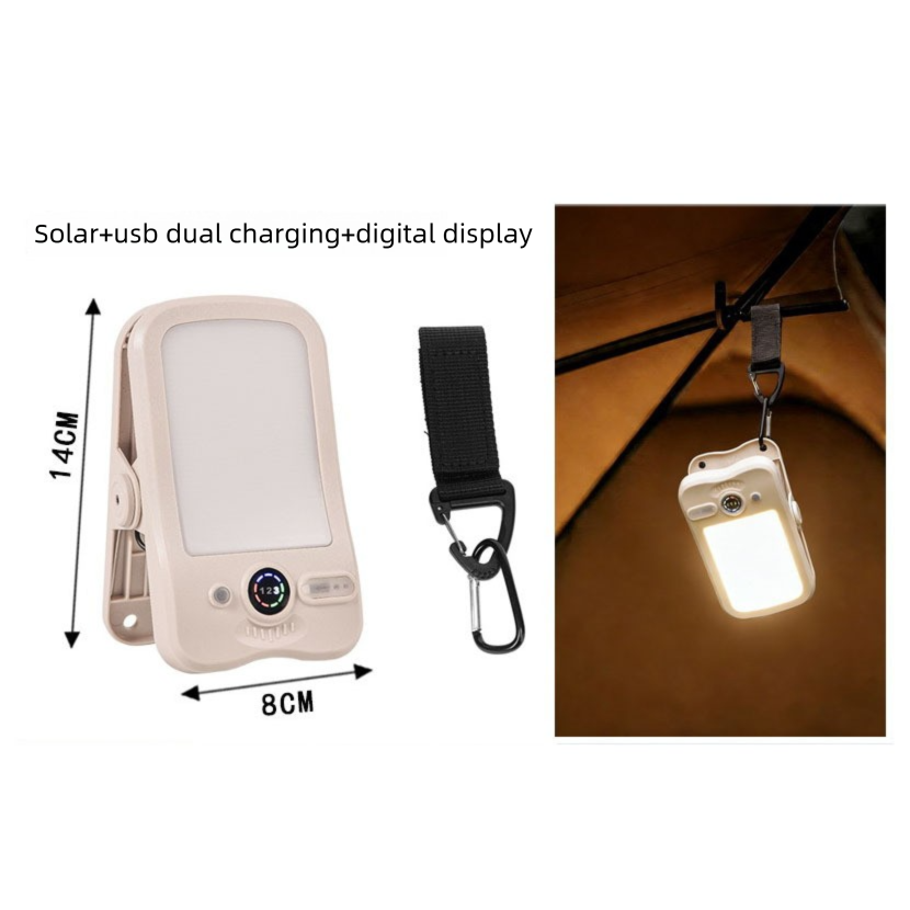 Solar Camping Lantern with Clip Beige- 2000mAh USB and Solar Rechargeable, Waterproof Portable Tent Light with Digital Display for Outdoor Hiking