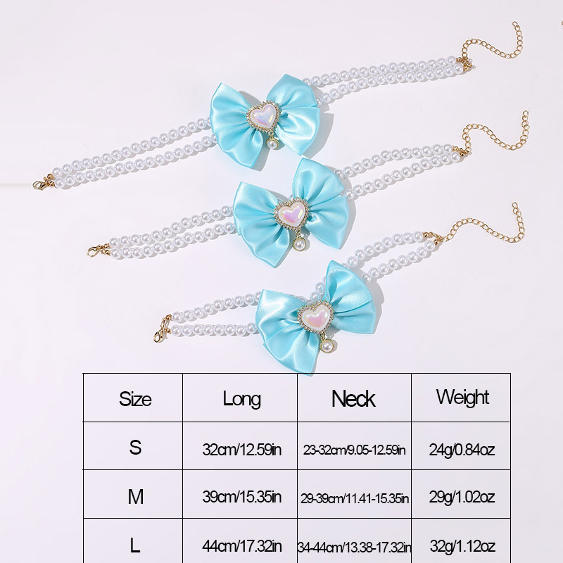2 - PCS Cute Pet Pearl Necklace Collar with Blue Bow and Heart Charm - Size L — image 3