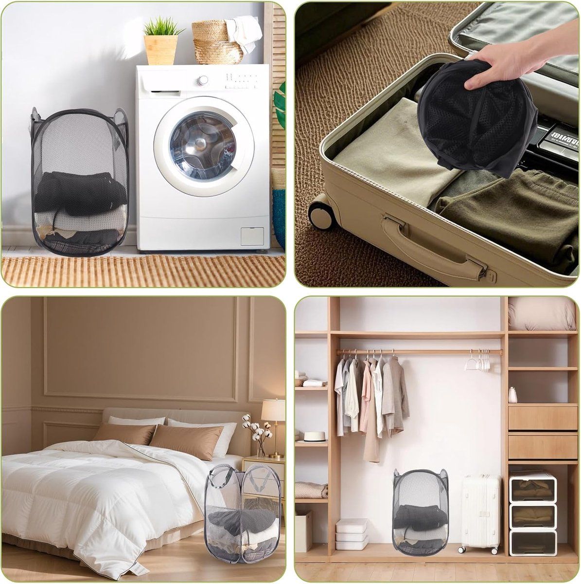 3 Pieces Pop Up Laundry Baskets, Foldable Portable Clothes Hampers for Bathroom, Bedroom, College, Camping and Travel, Black, 36 x 58 cm โ image 5