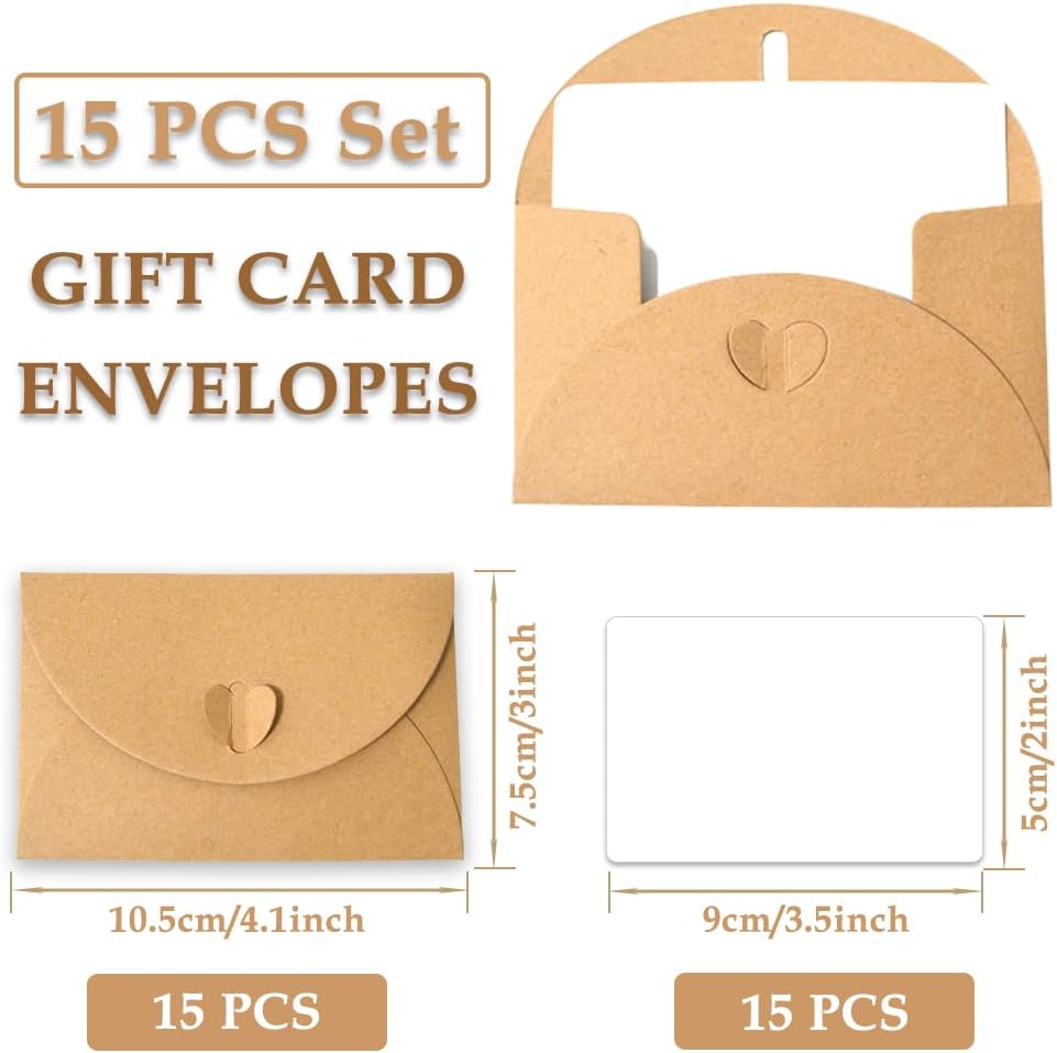 15 kraft envelopes with 15 blank cards - small heart-shaped closure, 10.5 x 7.5 cm, mini envelopes for thank you notes, invitations, birthday cards — image 2