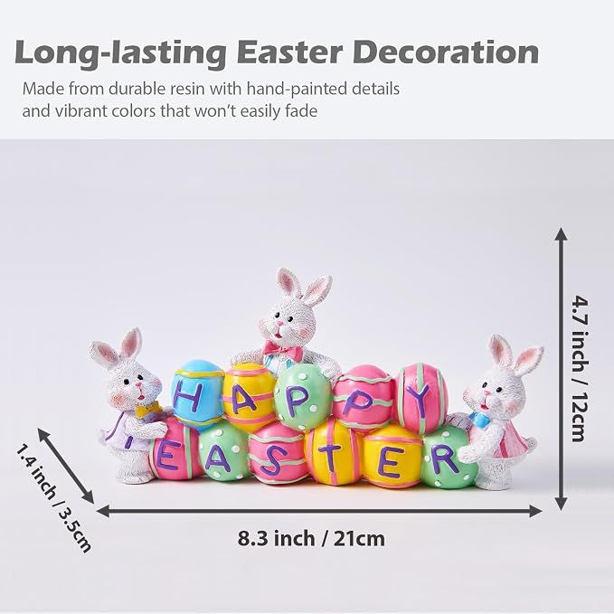 3 Bunny Holding Eggs and Happy Easter Decorations, Resin Easter Bunny Rabbits Figurine Tabletop Centerpiece for Spring Decor Easter Home Office Party Decor — image 2