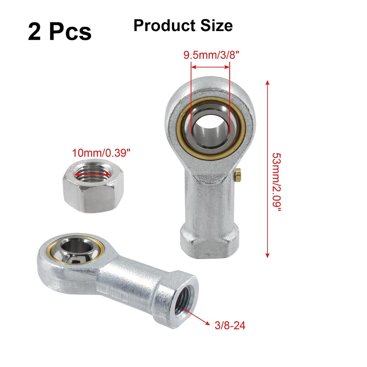 Biaungdo 2 Pcs 304 Stainless Steel PHSB6 Rod End Bearing, 3/8 × 3/8-24 Female Right Hand Heim Joint Rod End Bearing with Jam Nut — image 2