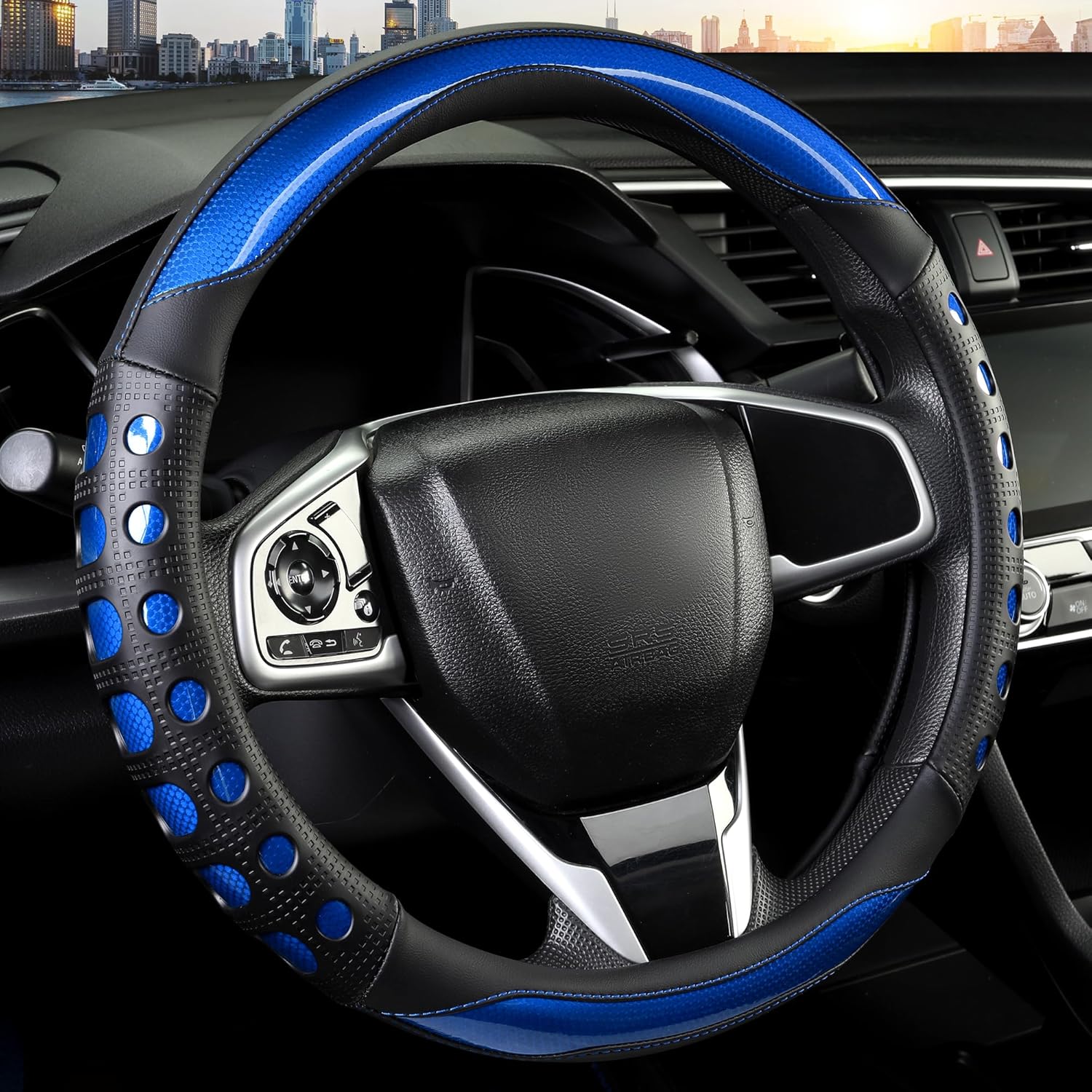 PU Leather Car Steering Wheel Cover with Non-Slip Grip, Suitable for Both Men and Women, Universal Fits 14.5-15 Inch Cars, Trucks, SUVs (Blue (Round), Medium