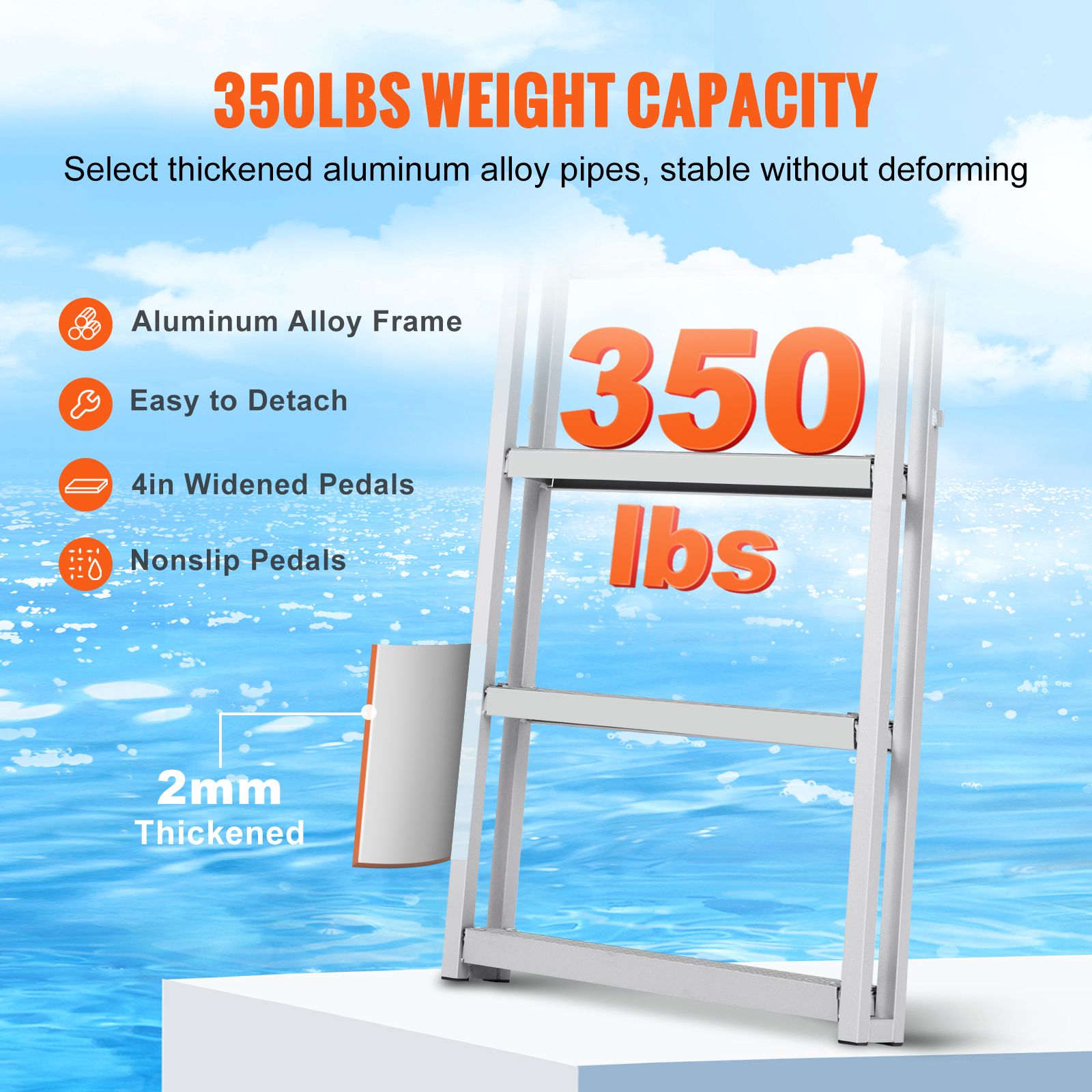 Dock Ladder, Retractable 5 Steps, 350 lbs Load Capacity, Aluminum Alloy Pontoon Boat Ladder with 66.9''-78.9'' Adjustable Height, 4'' Wide Step & Mat, for — image 4