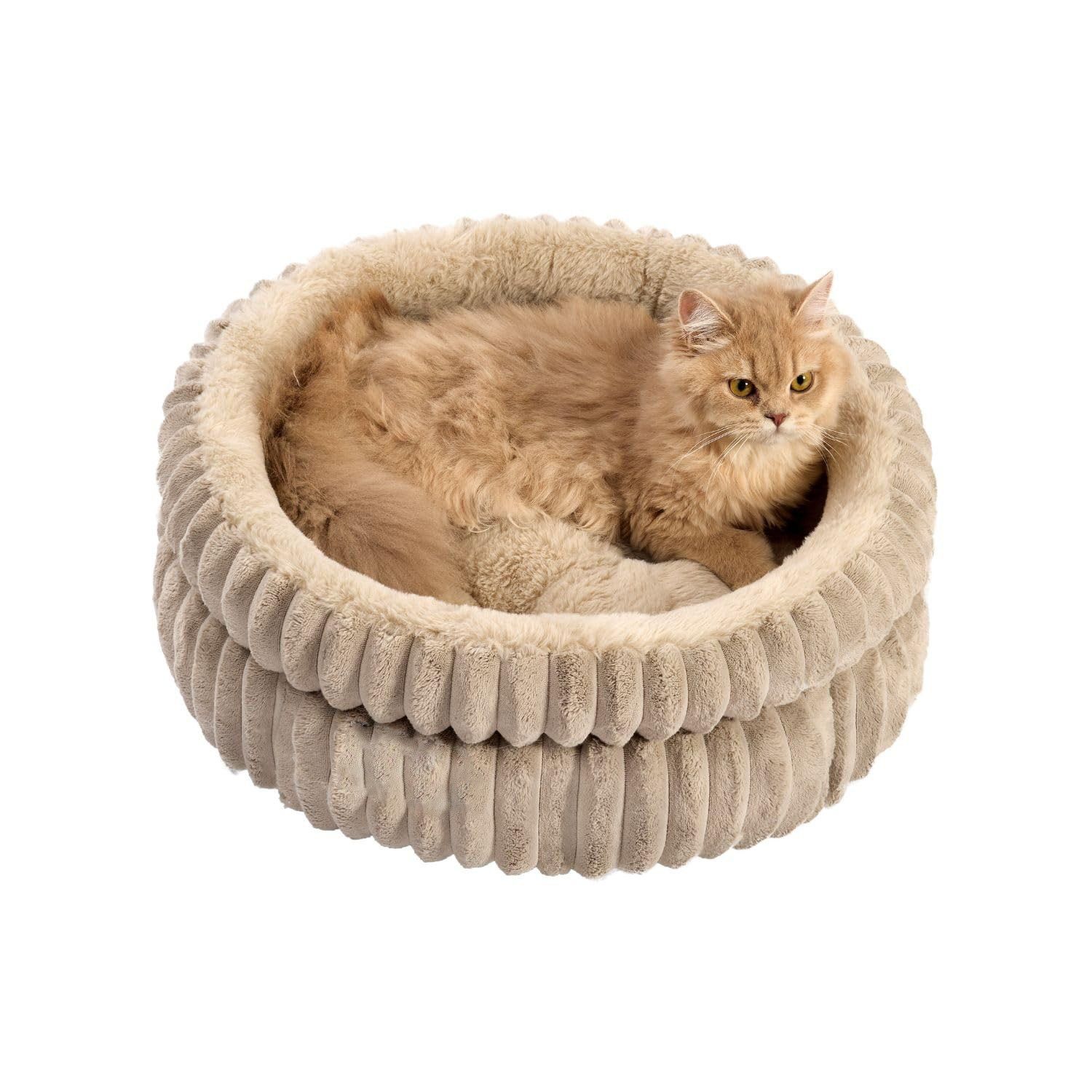 50 × 18 CM Brown Ultra-Soft Thickened Round Pet Bed with Stripe Texture - Plush Self-Warming Donut Nest for Cats and Small Dogs