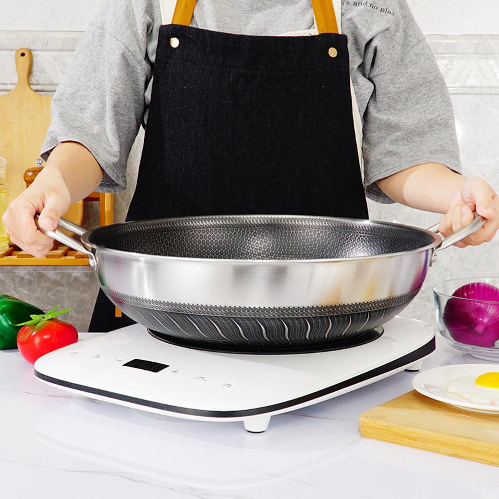 Double Ear 304 Stainless Steel 38cm Non-Stick Stir Fry Cooking Kitchen Wok Pan with Lid Honeycomb Double Sided — image 2