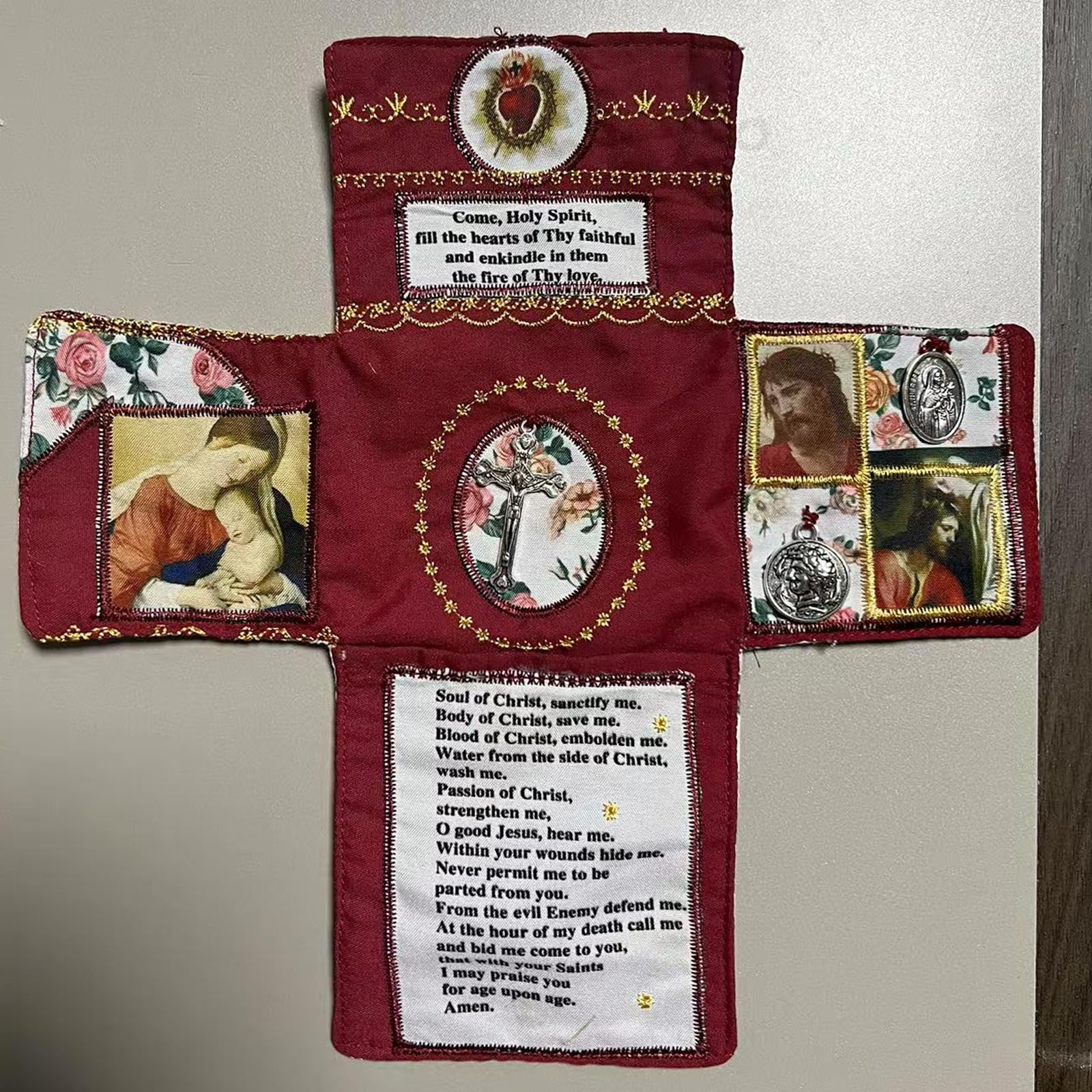 Mini Handcrafted Catholic Pocket Shrine – Foldable Prayer Altar with Silver Cross, Religious Art & Embroidered Prayers, Portable Faith Companion, 6.5 x 5.5 — image 2