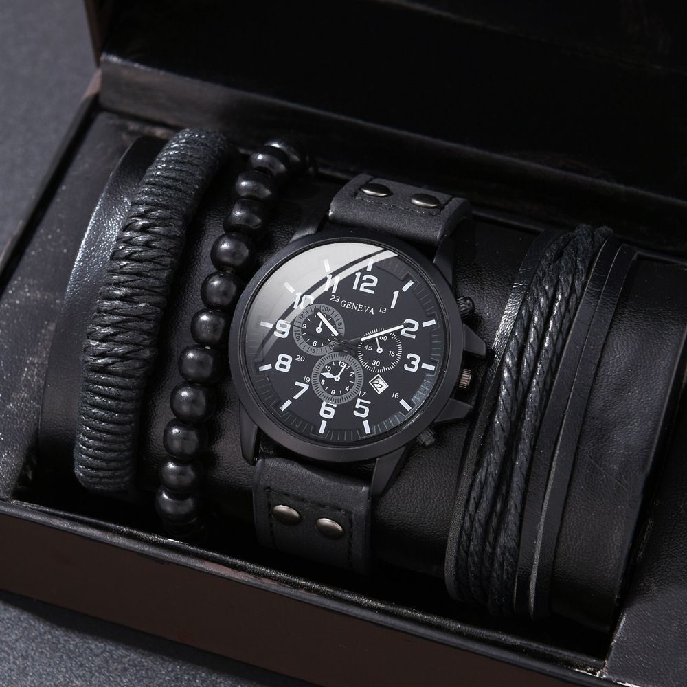 Men'S Bracelet Watch Set Single Calendar Watch Fake Three Eye Watch Canvas - Black - Size 15 โ image 5