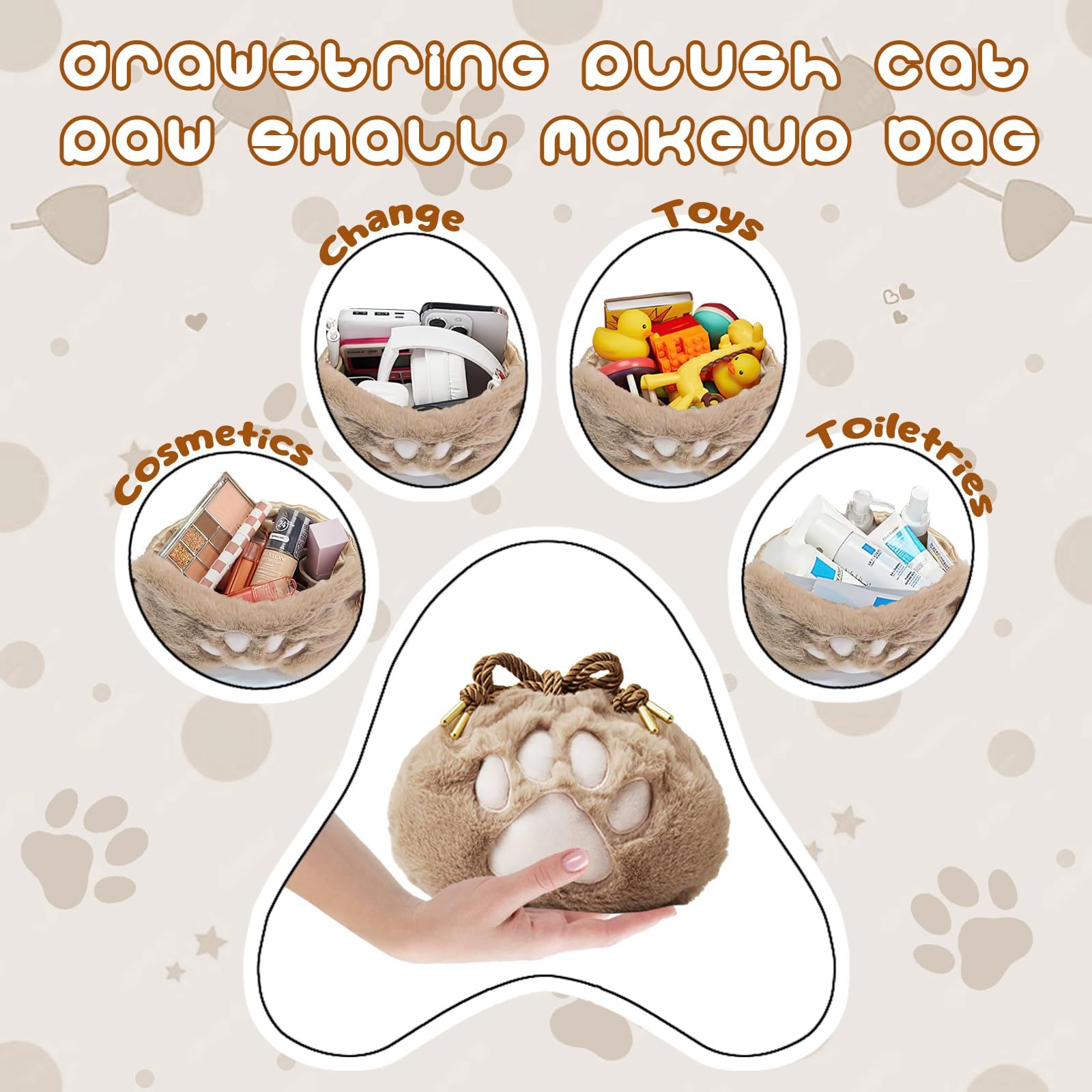 Cute Small Makeup Bag, Cat Makeup Organizer, Plush Cat Paw Pouch, Funny Cat Mom Gifts for Women, Drawstring Cosmetic (Brown) โ image 4