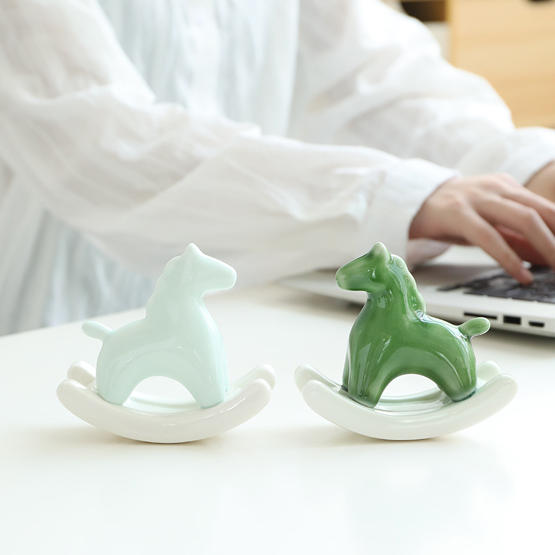 Green Modern Ceramic Rocking Horse Ornament - Cute Porcelain Figurine for Desk & Shelf Decor — image 2