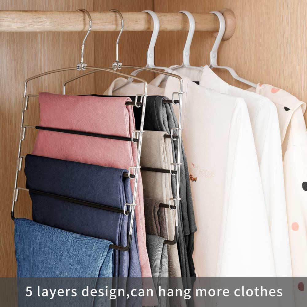 Pants Hangers Non Slip 3 Pack Space Saving Hangers Multi-Layer Swing Arm Pants Hanger Stainless Steel Space Saver Hanger Closet Storage Organizer for Jeans — image 2