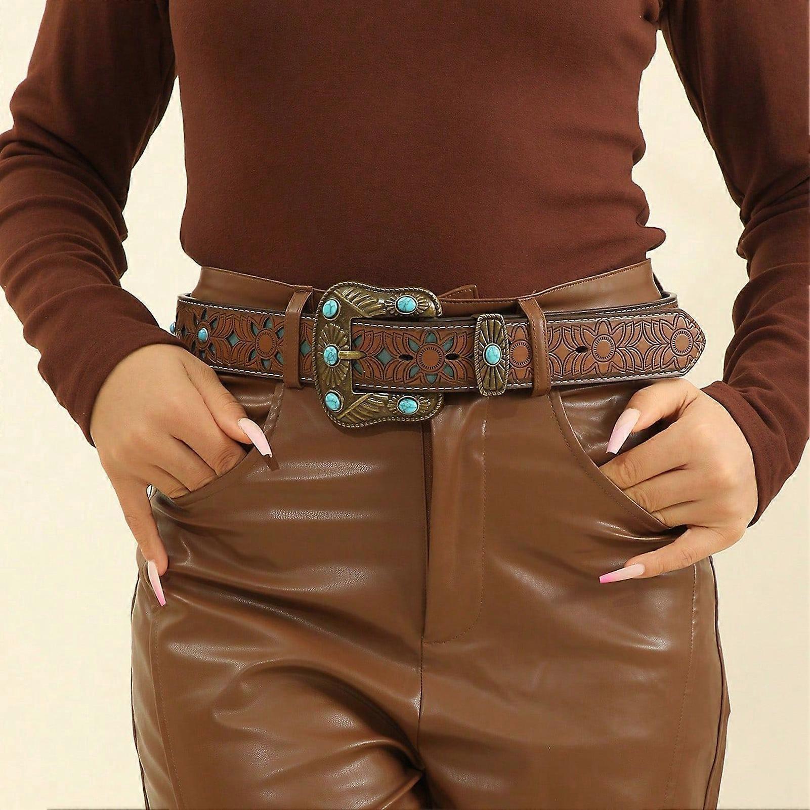 125cm Women's Carved Antique PU Leather Belt for Casual Wear — image 3