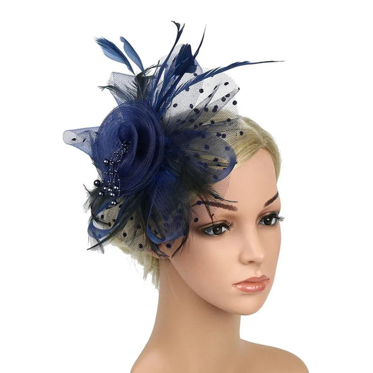 Blue Vintage Bridal Headdress Feather Flower Mesh Hair Accessories for Cheongsam — image 4