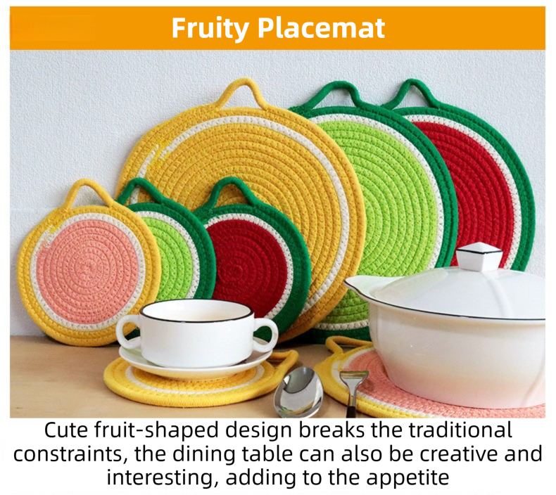 3-Piece Watermelon Inspired Kitchen Heat Resistant Set with 18cm & 30cm Round Cotton Rope Woven Trivets + 1 Pair Duckbill Oven Mitt - Foldable Table Protection โ image 2
