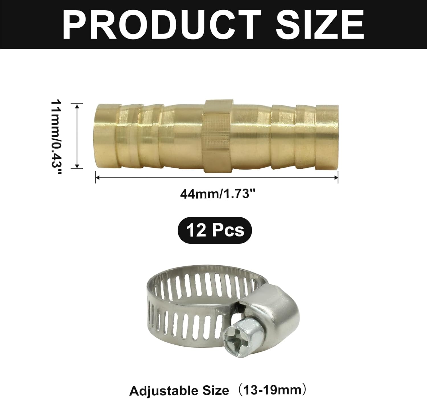 6Pcs Brass Hose Barb Fitting, 1/2" to 1/2" Barb Splicer Mender Hose Fittings Brass Hose Barb Adapter with Pipe Hose Clamp for Air Water Fuel Oil — image 3