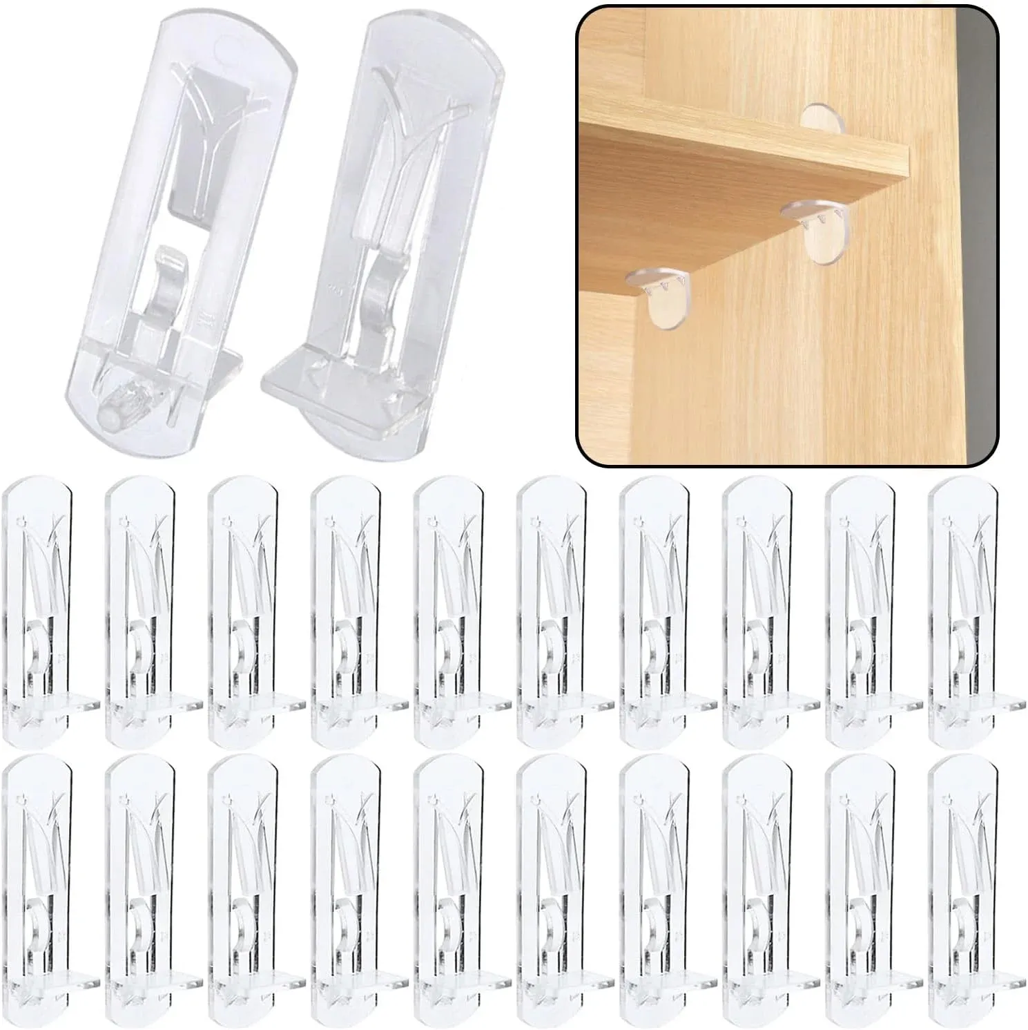 Plastic Locking Shelf Support Pegs, Clear Clips for Kitchen Cabinets Bookcases, 20 Pack, 0.31 inch x 0.75 inch Size