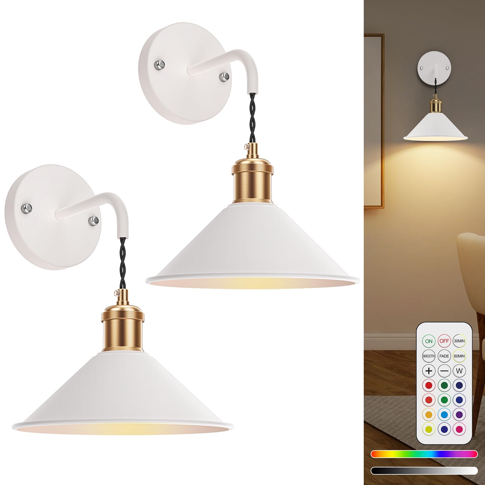 Battery Operated Wall Sconce, Wireless Wall Lights Set of 2, 13 RGB Colors Dimmable Battery Powered Wall Lamp with Remote, Memory Function, Timer for