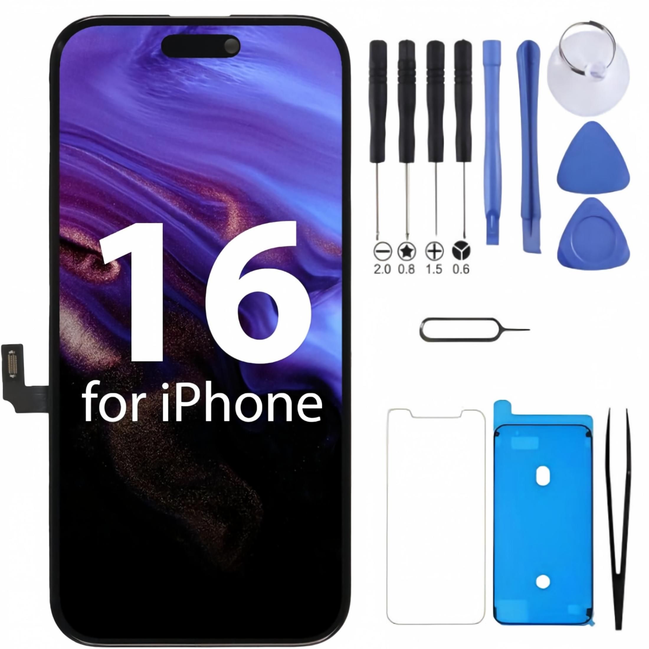 iPhone 16 Screen Replacement, 6.1 Inch Incell LCD Display Touch Screen Digitizer, Comes with Full Repair Tool Kit and Tempered Glass Protector for iPhone 16