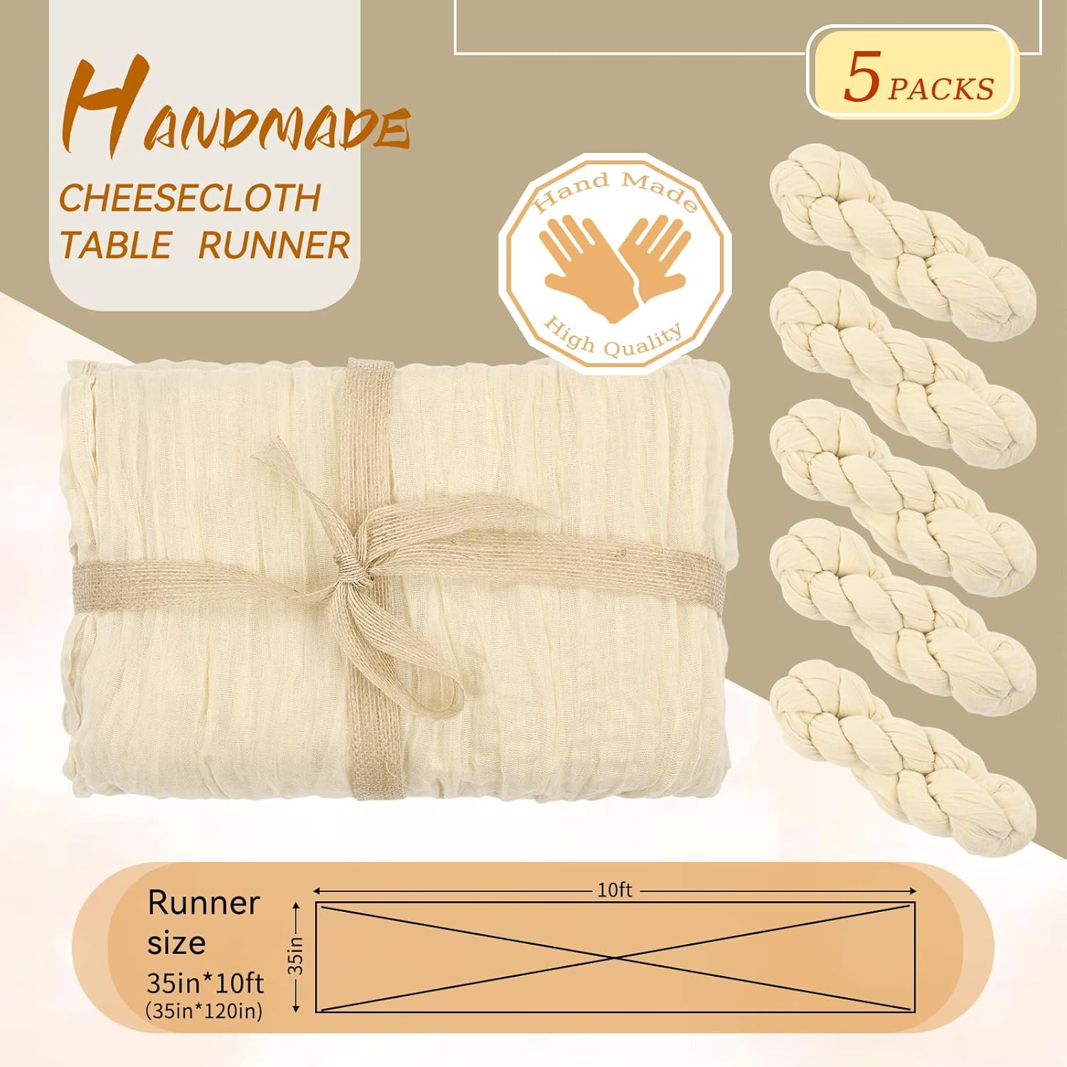 5 Packs 10Ft Ivory Cheesecloth Table Runner, 35" x 120" Rustic Gauze Boho Wedding Table Runner Decorations — image 2
