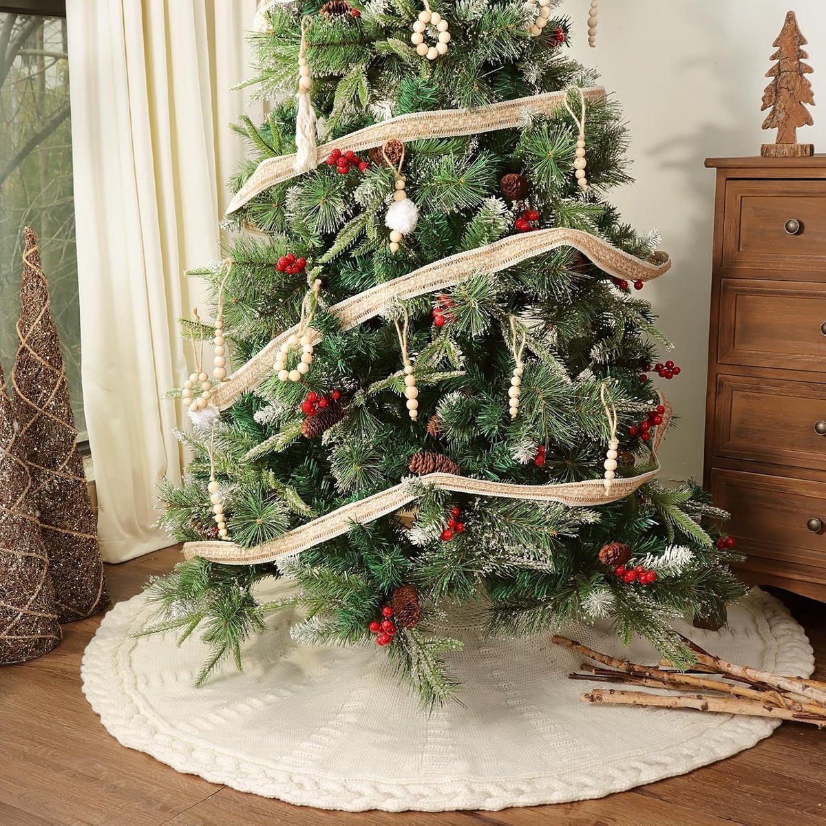 48-inch Christmas tree skirt - Braided cable knit tree skirt - for a 7.5-foot tree - Cream white tree skirt - Vintage tree skirts - Rustic farmhouse Christmas — image 3