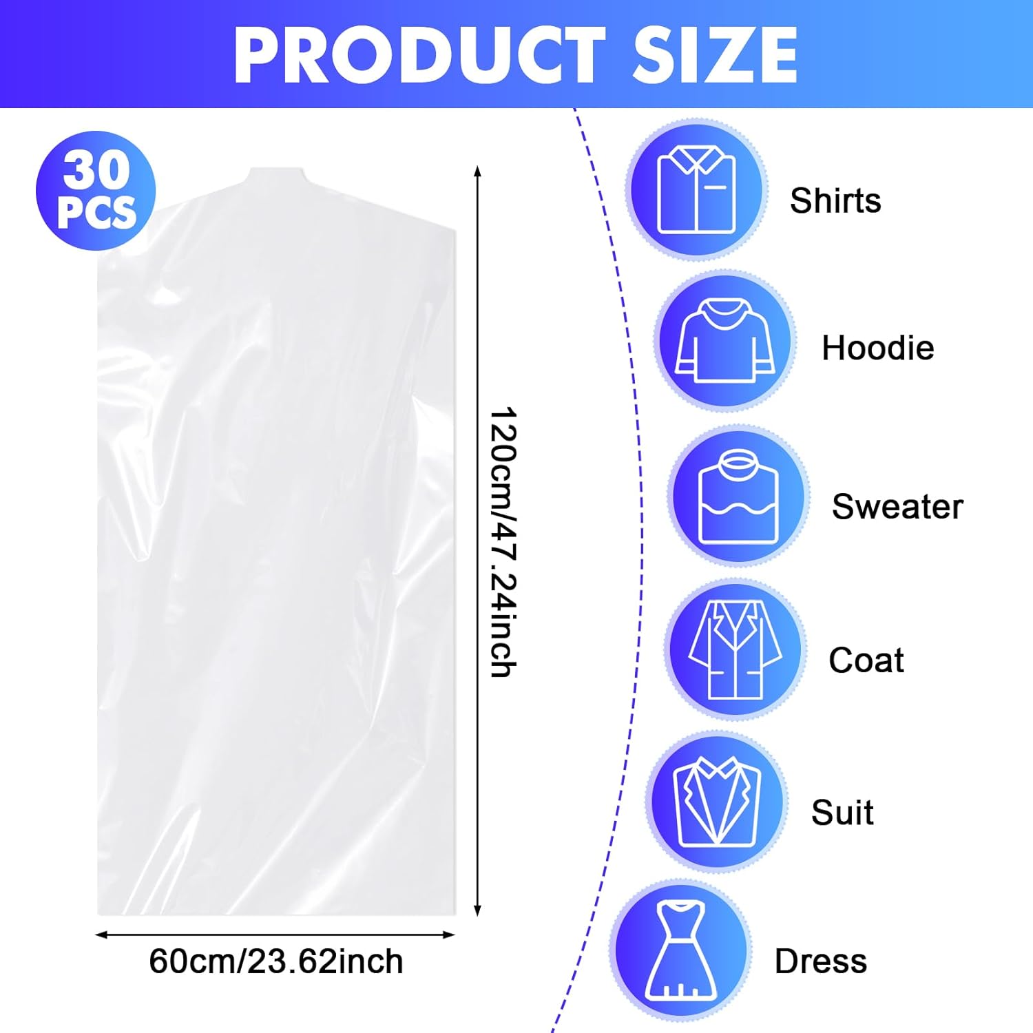 30 Pack Clear Garment Bags, 47.2 Inch Plastic Garment Bags Dustproof, Long Clothes Covers, Waterproof Suit Cover Bag, Moth Proof Coat Bag for Shirts Gowns — image 2